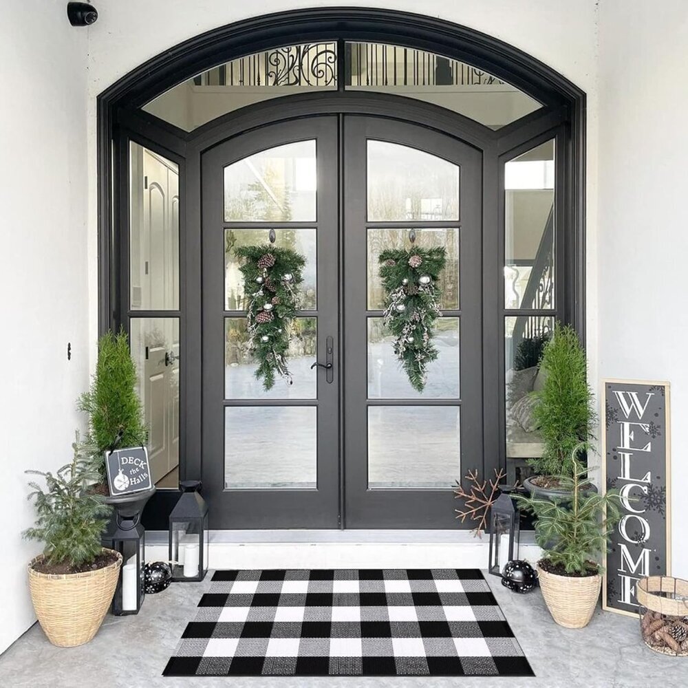 Cotton Buffalo Plaid Rug 27.5"x43" Black and White Checked Rug Washable Doormats